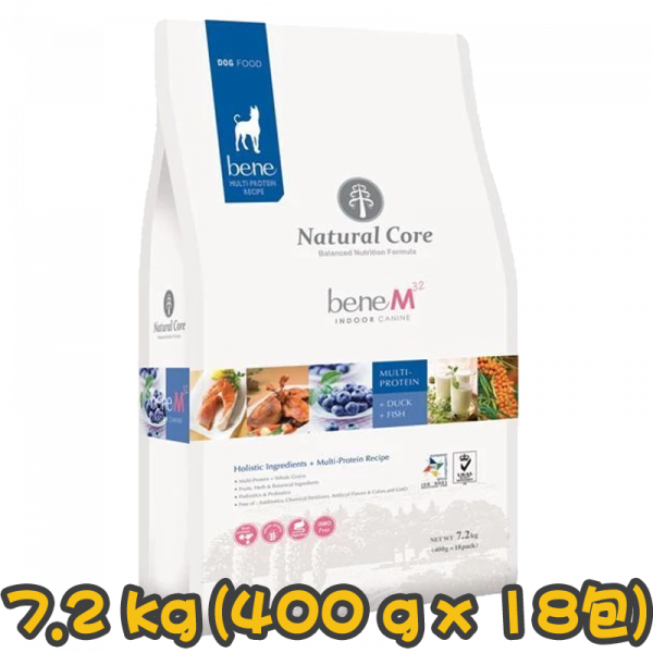[Natural Core] 狗用 綜合蛋白草本有機全犬狗糧 bene M32 INDOOR CANINE Multi-Protein 7.2kg (400g x18包) (魚肉及鴨肉味)